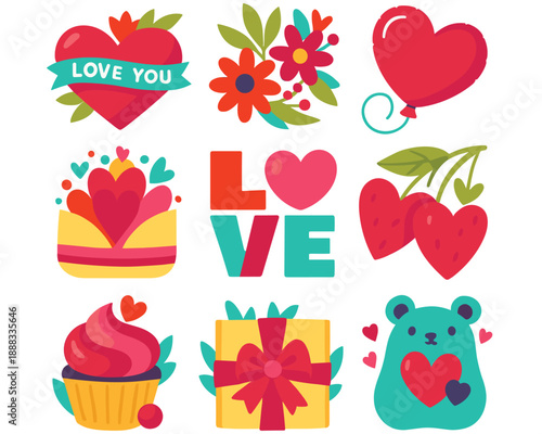 Set of seamless pink vector icons featuring hearts, gifts, and birthday cakes for romantic Valentine's Day wedding card designs and holiday decorations
