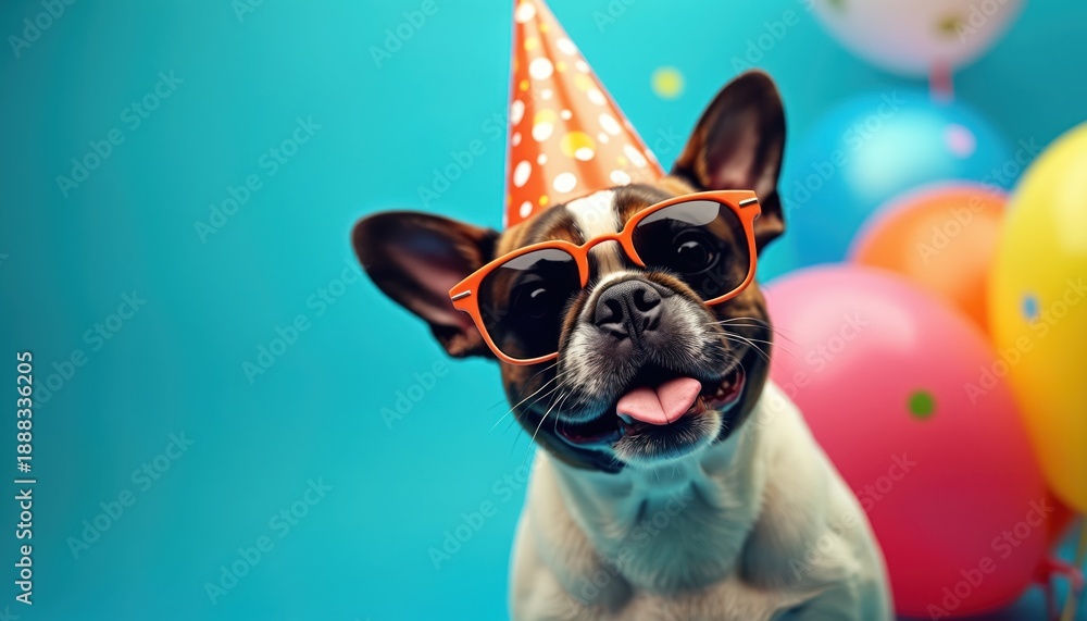 Fototapeta premium Funny french bulldog wears party hat and sunglasses, tongue out, with colorful balloons in background. Dog celebrates birthday, cheerful pet, festive mood, happy event.