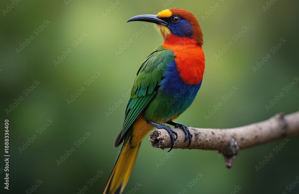 Obraz premium Exotic male sunbird sits on tree branch. Vibrant colorful plumage bird with red orange chest blue neck yellow tail. Detailed closeup portrait in natural jungle habitat.