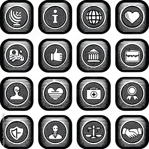 Collection of monochrome icons representing various concepts and actions
