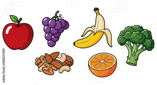 Fresh fruit and vegetables with nuts on white background for healthy eating concepts