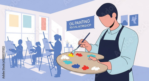 Man painting with oil colors in an art workshop class with students