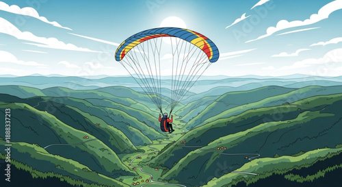Paragliders soar through sunny skies flying over rolling green hills and mountains with a vibrant parachute