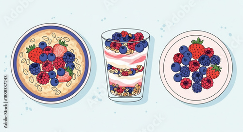 Mixed berries on plates and in glass dessert fresh fruit arrangement healthy snack