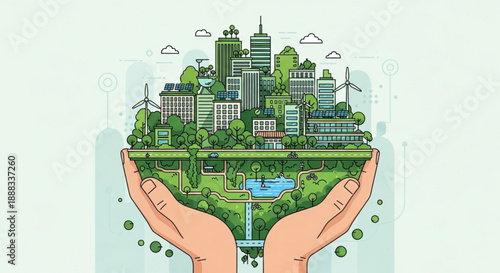 Hands holding a sustainable eco friendly cityscape with green buildings and renewable energy sources
