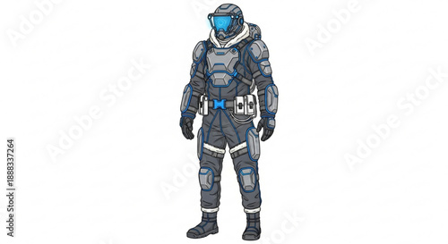 Astronaut in futuristic gray spacesuit with blue accents standing alone in white background for sci fi concepts