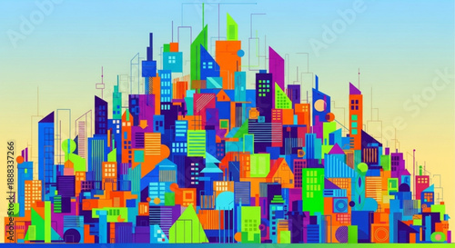 Vibrant cityscape with colorful buildings and skyscrapers against a gradient sky at sunset or sunrise