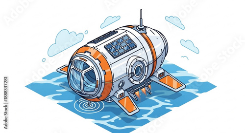 Submarine vessel floats on water surface with orange accents and solar panels on top in a cartoon style