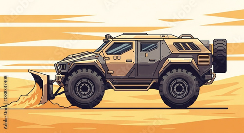 Armored vehicle with snowplow clears desert sand in futuristic landscape with large tires and rugged design