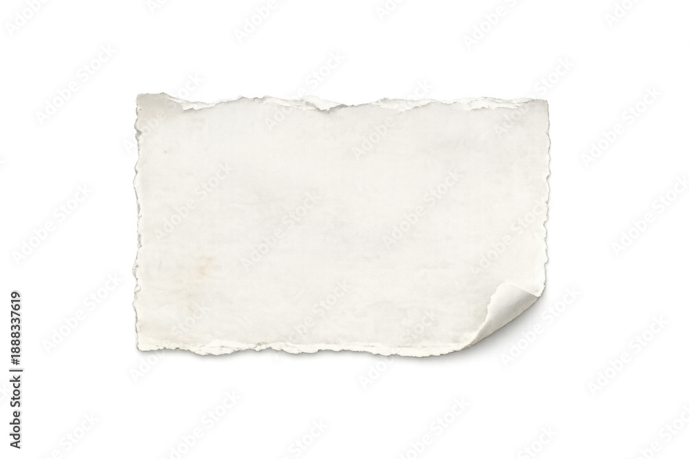 Obraz premium Torn piece of paper with ragged edges and curled corner, old blank note, transparent background for messages