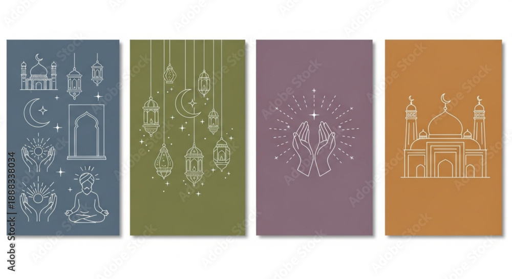 Naklejka premium Ramadan and Eid Mubarak Modern collection of spiritual line art illustrations depicting sacred symbols, religious architecture, and meditative gestures, perfect for mindfulness and cultural themes