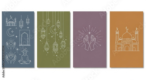 Ramadan and Eid Mubarak Modern collection of spiritual line art illustrations depicting sacred symbols, religious architecture, and meditative gestures, perfect for mindfulness and cultural themes