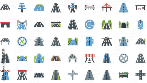A diverse collection of flat design road and highway icons illustrating various perspectives, intersections, bridges, and tunnels.