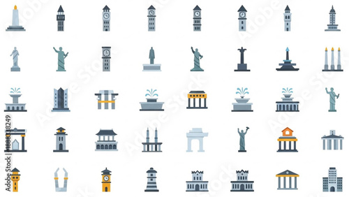 A grid of stylized flat design icons depicting famous international landmarks, monuments, and architectural wonders.