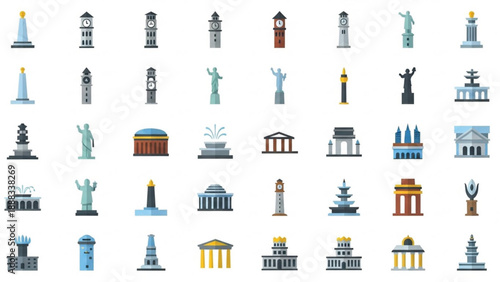 A diverse collection of colorful flat design icons depicting famous world landmarks, monuments, and architectural structures.