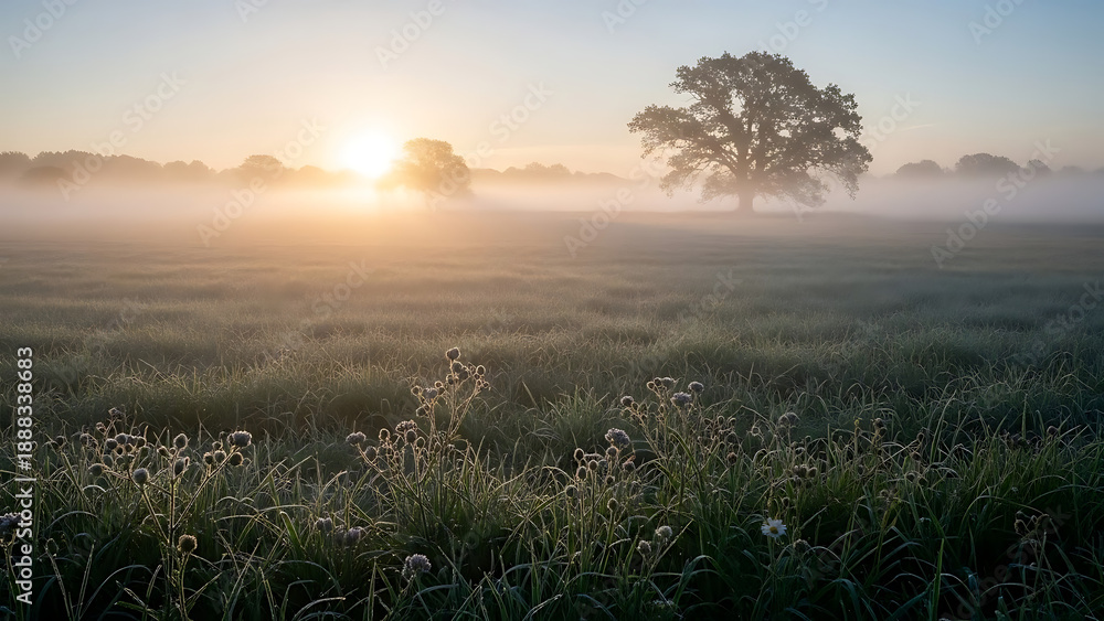 Obraz premium Misty Dawn over a Grassy Field with Silhouetted Trees and Golden Light
