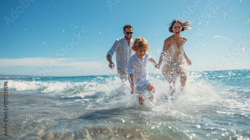 A joyful family with a young son running and splashing in the shallow ocean water at a sunny beach, captured in a dynamic and happy summer vacation moment.