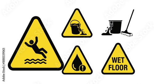 Collection of yellow triangular warning signs indicating wet floor, slip hazards, and liquid spills, including a person falling, a spilling bucket, and 'WET FLOOR' text.