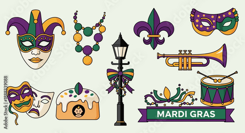 Collection of colorful Mardi Gras celebration elements including masks, beads, musical instruments, and traditional symbols on a white background.