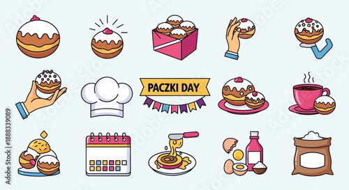 Colorful cartoon icons celebrating Paczki Day, featuring various sweet donuts, baking ingredients, a chef's hat, calendar, and coffee cup on a light blue background.