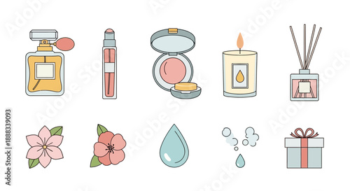 A collection of beauty and fragrance icons including perfume, makeup, candles, diffusers, flowers, and a gift box on a white background.