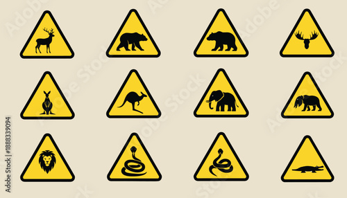 Collection of twelve yellow triangular warning signs with black silhouettes of various wild animals like deer, bears, kangaroos, elephants, lions, snakes, and alligators.