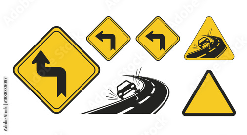 A collection of yellow road warning signs including winding road, sharp curve, and car skidding on a dangerous bend, illustrating various traffic safety warnings.