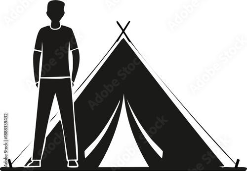Single person camping silhouette, solid black vector illustration, standing near tent pose