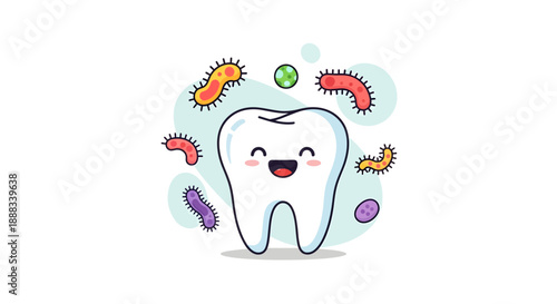 Cartoon tooth character surrounded by various colorful bacteria and microbes in a whimsical illustration