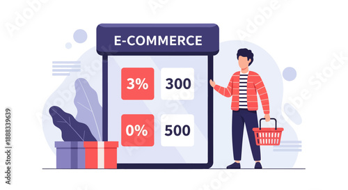 A person holding a shopping basket stands beside a giant mobile phone displaying e-commerce statistics and sales data