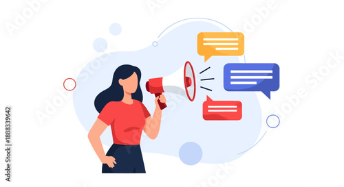 Woman holding megaphone with speech bubbles surrounding her, illustration of communication and announcement