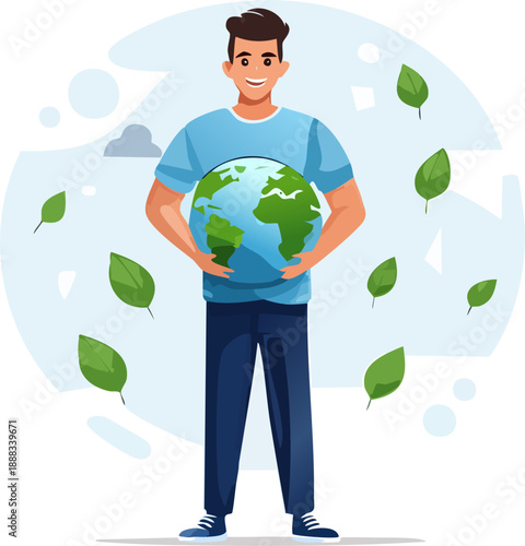 Single environmental activist character standing with green earth icon, modern semi-flat vector