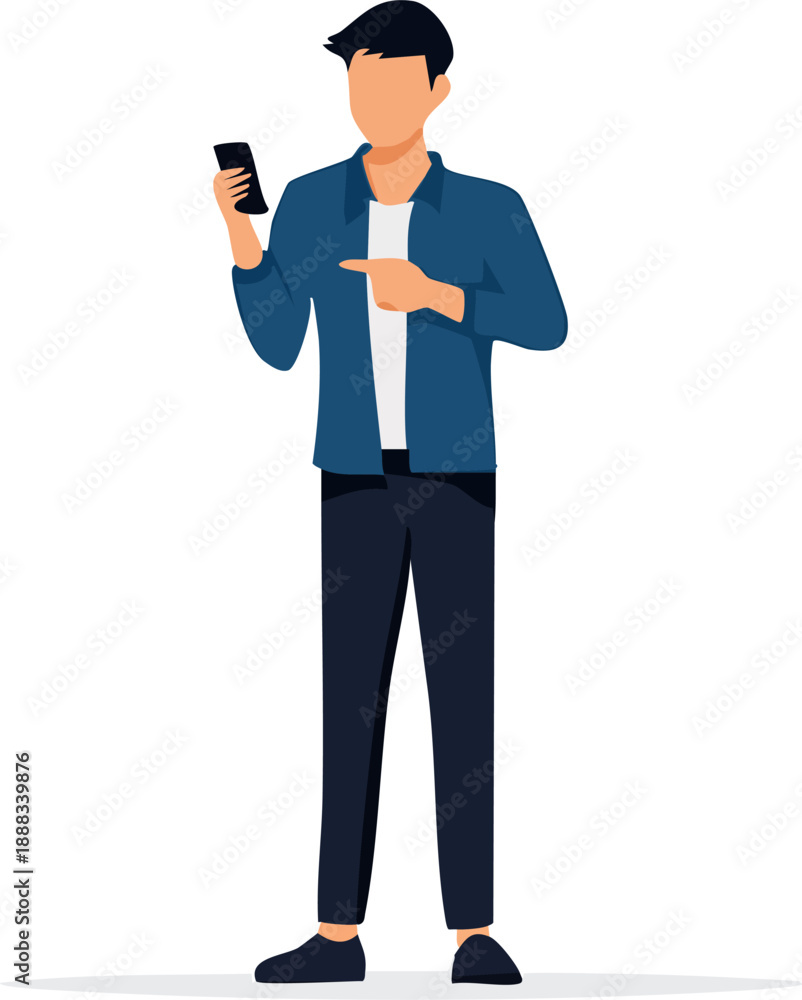 Obraz premium ingle person standing and using smartphone silhouette, solid black vector, simple modern pose