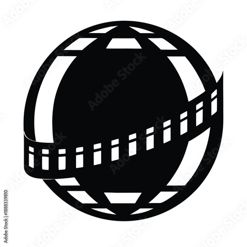 Filmstrip wrapped around a globe icon representing international cinema