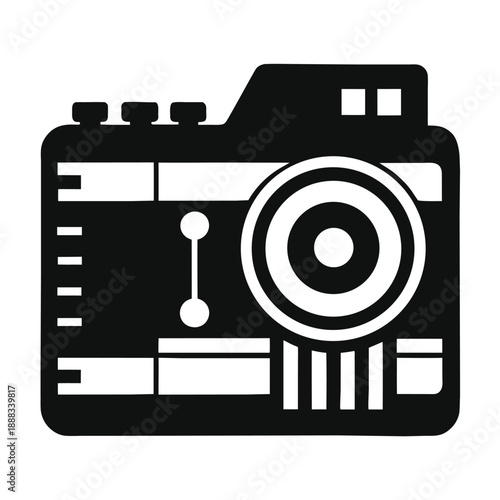 Black and white digital camera icon on a white background