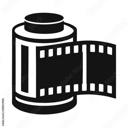 Black and white film reel with unrolled film strip