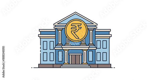 Indian bank building vector illustration with rupee symbol on facade, india financial institution, indian economy representation