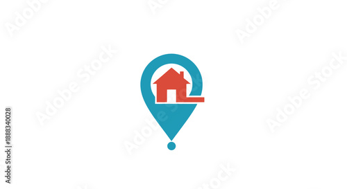 A house icon is centered within a map pin on a clean background