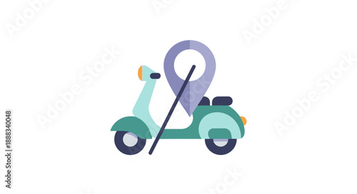 Scooter with map pin illustration on white background showcasing travel and location services on a vehicle