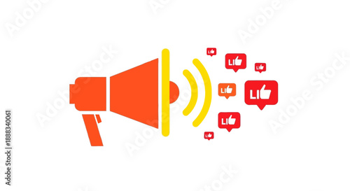 A vibrant orange megaphone emitting sound waves surrounded by social media icons and like symbols in a digital landscape