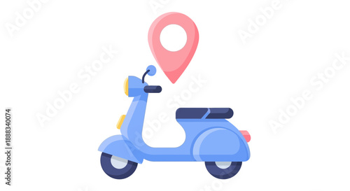 Scooter positioned under a map pin indicator on a clean white background viewed from the side