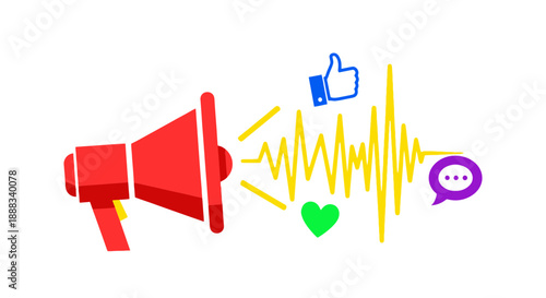 An illustration of a red megaphone emitting sound waves with social media icons nearby.
