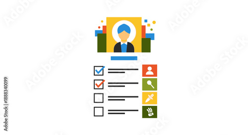 A person is voting in an election, surrounded by checklist and ballot icons, representing democracy and civic engagement in a simple illustration style.