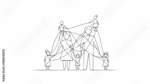 Abstract illustration of a connected family unit with lines symbolizing relationships.