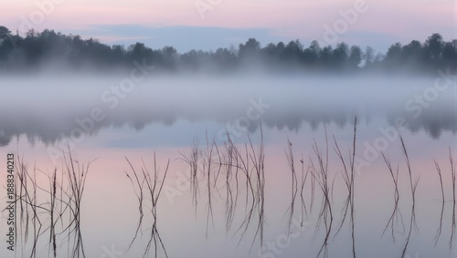 Misty Morning on a Serene Lake with Reeds and Forest Reflection.
