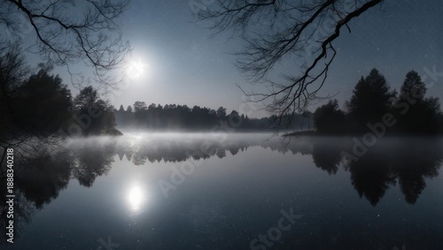Misty Moonlit Lake Reflecting Bright Moonlight Through Silhouetted Trees.