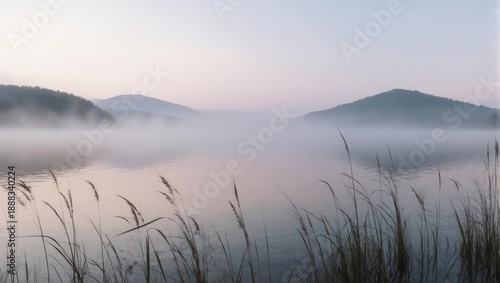 Misty Morning Over Calm Lake with Reeds and Distant Hills.