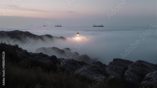 Misty Morning Sunrise Over Ocean with Ships and Mountains.