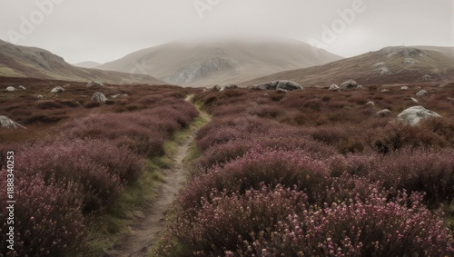 Misty Mountain Path Through Heather Fields.