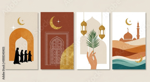 Ramadan with Traditional Islamic Symbols, Lanterns, and Silhouettes in Artistic Desert Landscape, Vector Illustration